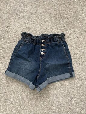 High-Waist Dark Blue Denim Paperbag Shorts